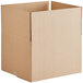 A close-up of a Lavex kraft corrugated cardboard shipping box with a cut out top.