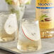 Two glasses of Monin flavored apple cider with apple slices in them.
