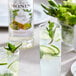 A glass of Monin Mojito with ice and lime slices garnished with mint.