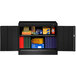 A black metal Tennsco storage cabinet with shelves full of books and boxes.