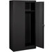 A black metal Tennsco standard wardrobe cabinet with solid doors.