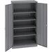 A dark gray metal Tennsco storage cabinet with solid doors.