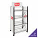 A white metal IRP customizable rack with casters and graphics.