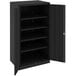 A black metal Tennsco storage cabinet with open doors.