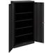 A black metal Tennsco storage cabinet with open doors.