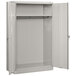 A light gray metal Tennsco jumbo wardrobe cabinet with open doors.