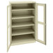 A white metal cabinet with open doors.