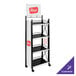 An IRP customizable slanted rack with black and white shelving and a red sign.