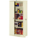 A white cabinet with shelves full of items.