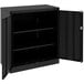 A black metal Tennsco storage cabinet with open doors.