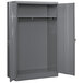 A dark gray Tennsco metal wardrobe cabinet with solid doors.