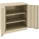 A tan Tennsco storage cabinet with open doors.