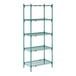 A green stationary wire shelving unit with five adjustable shelves.