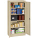 A Tennsco sand storage cabinet with several boxes and files on the shelves.