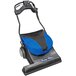 A blue and black Powr-Flite wide area vacuum cleaner with a bag.