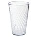 A clear plastic tumbler with a curved design.