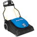 A Powr-Flite wide area vacuum cleaner with a blue and black machine and a blue lid.