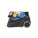 A blue and black Powr-Flite wide area vacuum cleaner with a wire wrapped around it.