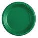 A close-up of a Creative Converting emerald green plastic plate with a rim.