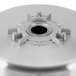 A stainless steel bowl lid with a black circle in the center.