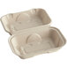 A white World Centric compostable fiber hoagie box with two compartments.