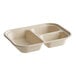 A beige, rectangular, three-compartment compostable fiber food container.