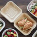 A group of World Centric compostable clamshell containers with a variety of food inside.