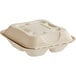 A white World Centric compostable fiber clamshell container with 3 compartments and a lid.