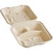 A white World Centric compostable fiber clamshell container with three compartments.