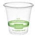 A clear 3 oz. compostable portion cup made from PLA with green labeling, branded as World Centric.