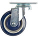 A close-up of a blue and white Lavex swivel plate caster wheel.