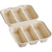 A white World Centric compostable fiber clamshell container with three compartments.