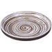 A white melamine coupe plate with a brown swirl design.