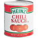 A white and red 10# can of Heinz chili sauce.