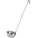 A stainless steel ladle with a long handle.