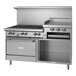 A large stainless steel Garland range with 6 burners, a raised griddle, and storage base.
