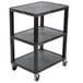 A black Luxor utility cart with three plastic shelves and wheels.