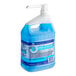 A blue plastic jug of Dawn Professional manual pot and pan detergent with a white label and pump.