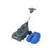 A Powr-Flite walk behind cylindrical floor scrubber with a blue container.