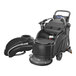 A black Powr-Flite Predator cordless walk behind floor scrubber with wheels and hoses.