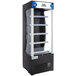 An Avantco black display case with glass doors on a white background.