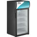 An Avantco black countertop display refrigerator with a glass door.