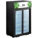 An Avantco black countertop display refrigerator with glass doors.