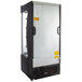 An Avantco black refrigerated air curtain merchandiser with a glass door open.