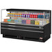 A black Turbo Air horizontal refrigerated open curtain merchandiser with drinks on shelves.