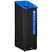 A black Rubbermaid recycle bin with a blue label on the lid.