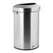 A Rubbermaid stainless steel half round trash can with a lid.