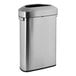 A stainless steel Rubbermaid half round waste container with a black lid.