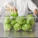 A person holding a Rubbermaid clear polycarbonate food storage container filled with lettuce.