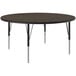 A Correll round activity table with black metal legs and a walnut top.